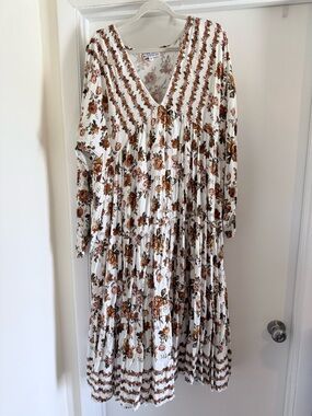 Boho Floral Tiered V-Neck Midi Dress - Cream & Brown